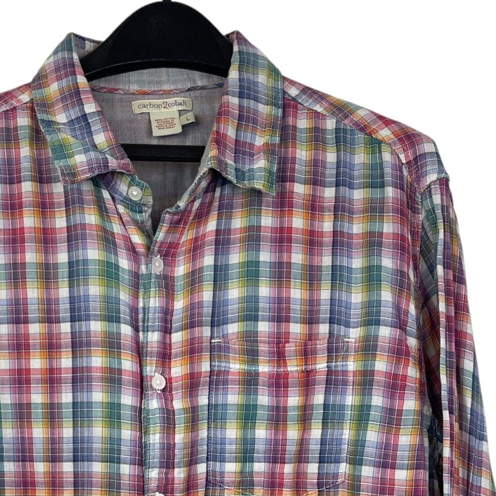 Carbon2Cobalt Mens L 100%‎ Cotton Mid-weight Button Up Blue Green Plaid Soft